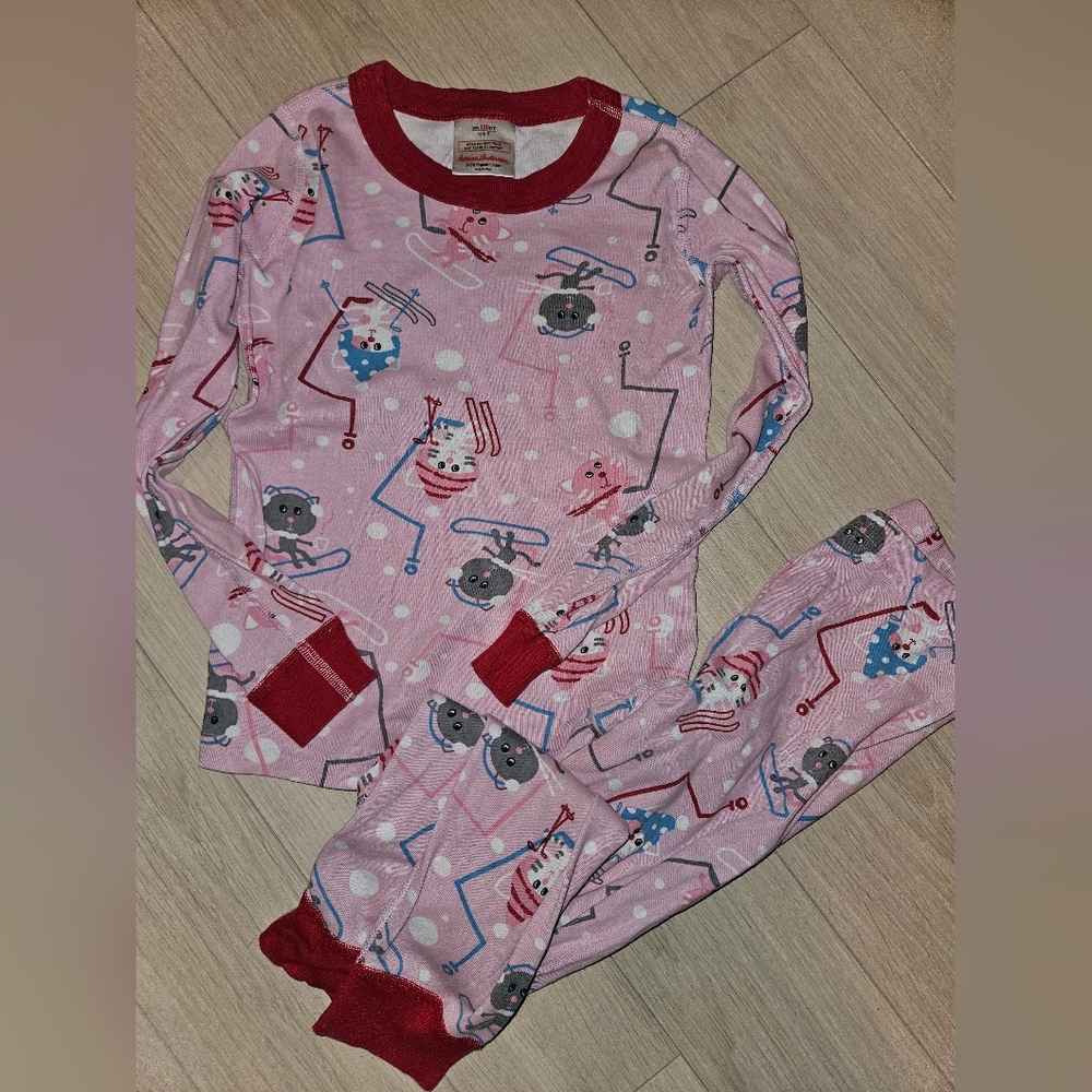 Hanna andersson sz 120 6-7 pink girls skiing cats pajamas